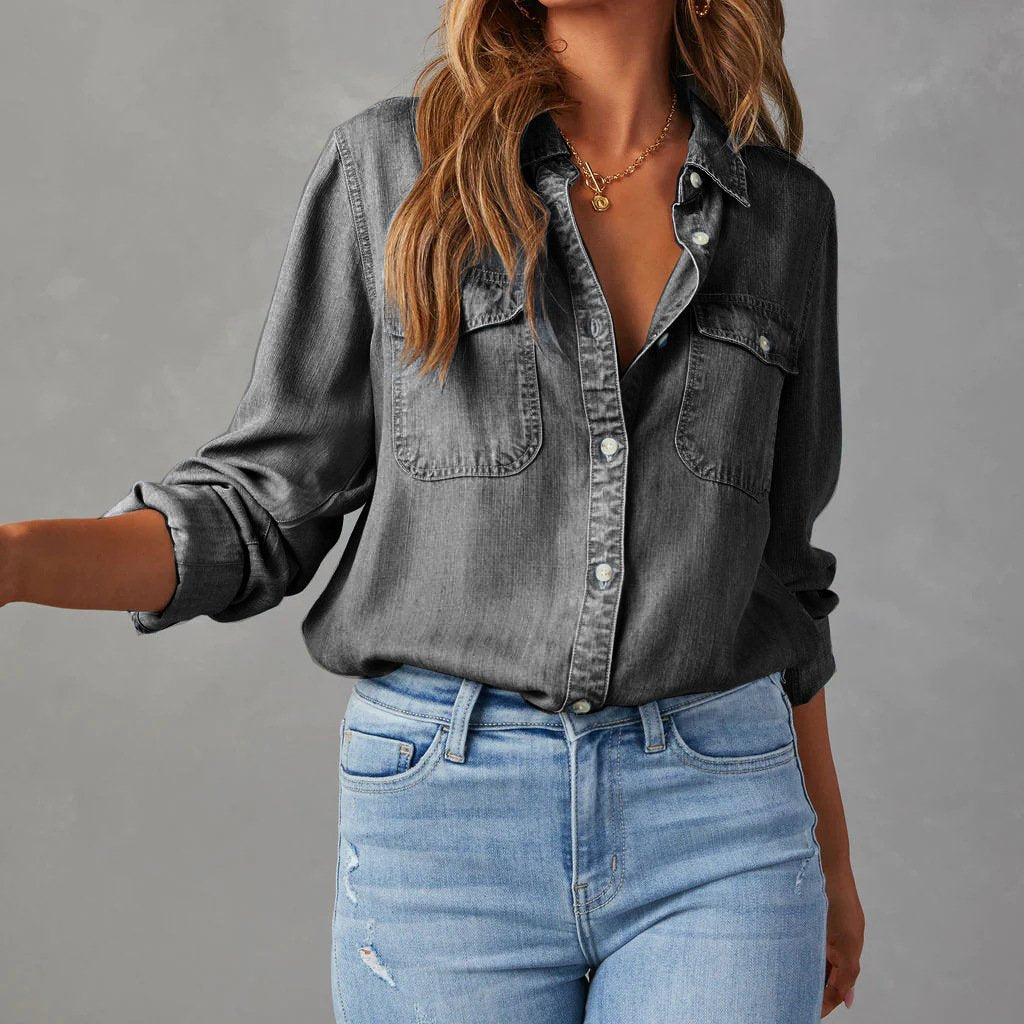 Women Denim Shirt with Double Chest Pocket and Button-Up Front
