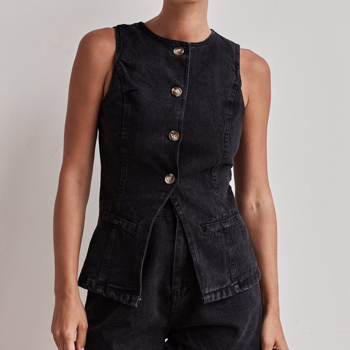 Women's Spring Denim Set with Sleeveless Top and Flowy Skirt