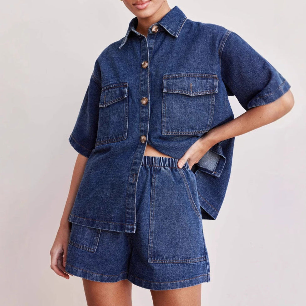 Women's Soft-Washed Denim Shirt and Shorts Set