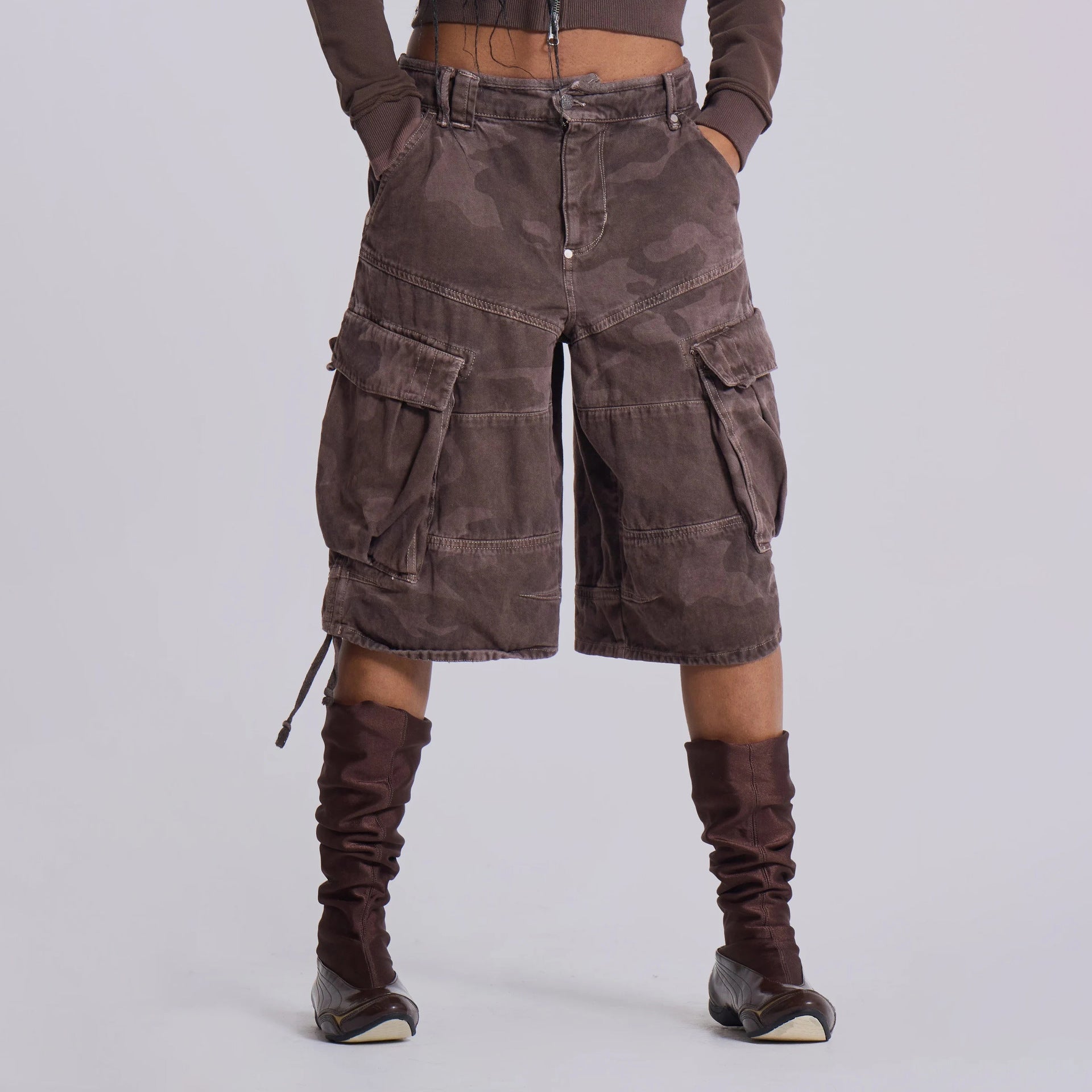 Women Cargo Shorts with Distressed Camo Wash and Oversized Fit