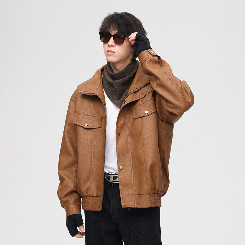 Men's Leather Bomber Jacket with Oversized Fit and Chest Pockets