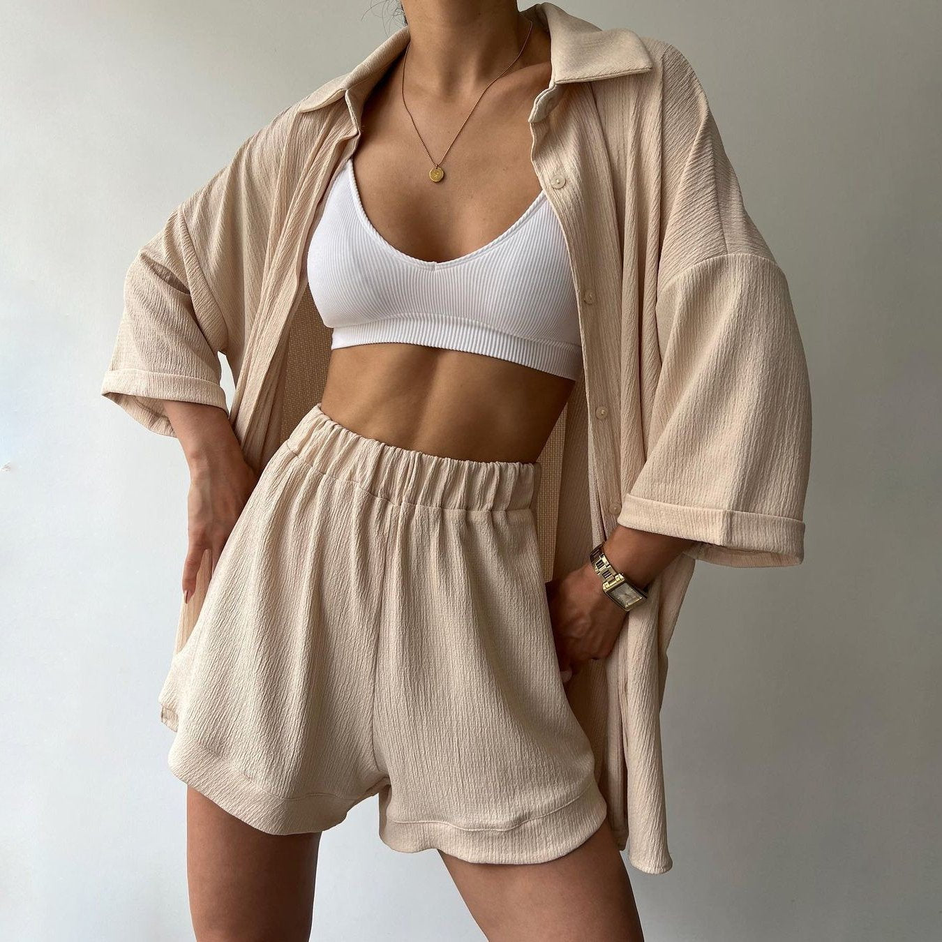 Women's Summer Button-Up Shirt and High-Waist Shorts Set