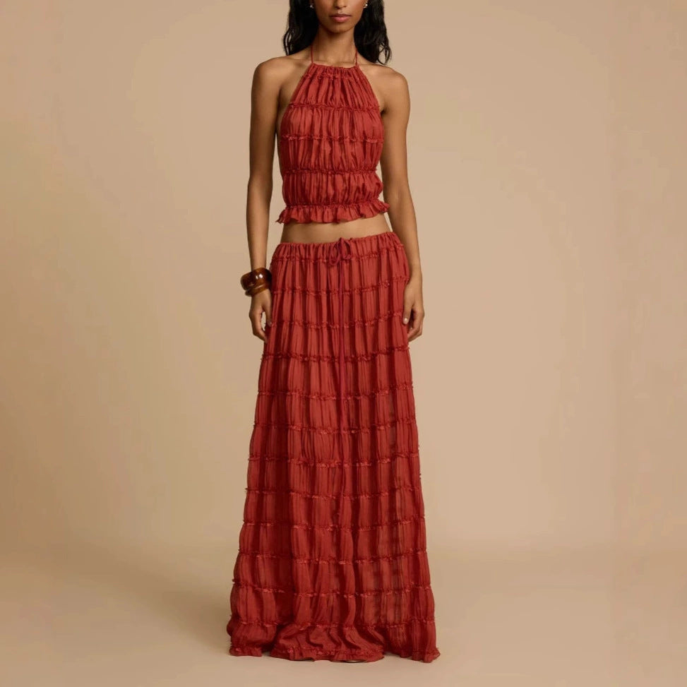 Women Halter Top Maxi Skirt Set with Smocked Bodice and Elastic Waistband