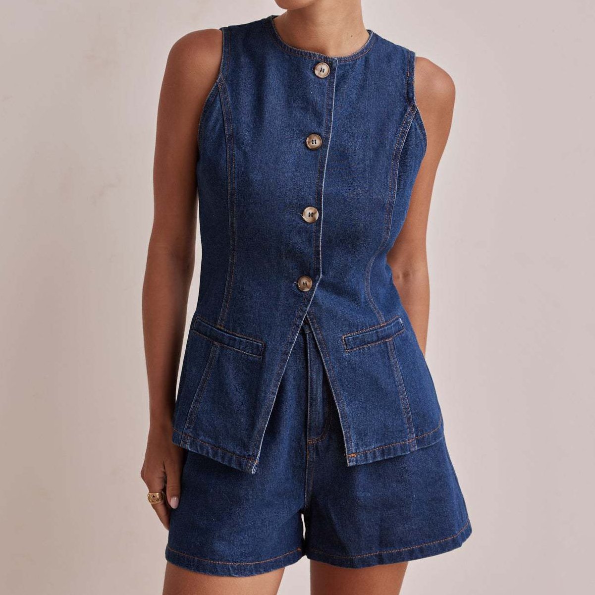Women's Spring Denim Set with Sleeveless Top and Flowy Skirt