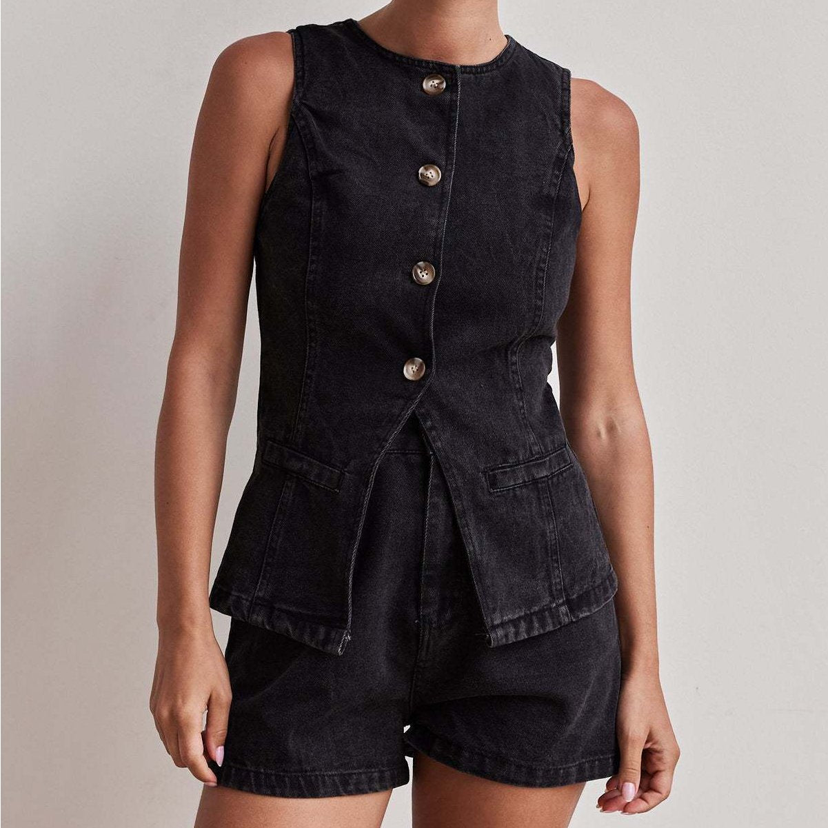 Women's Spring Denim Set with Sleeveless Top and Flowy Skirt
