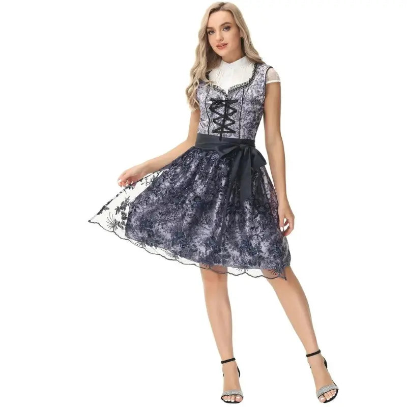 Stylish women's dirndl dress for Oktoberfest with intricate embroidery and elegant bodice appearance