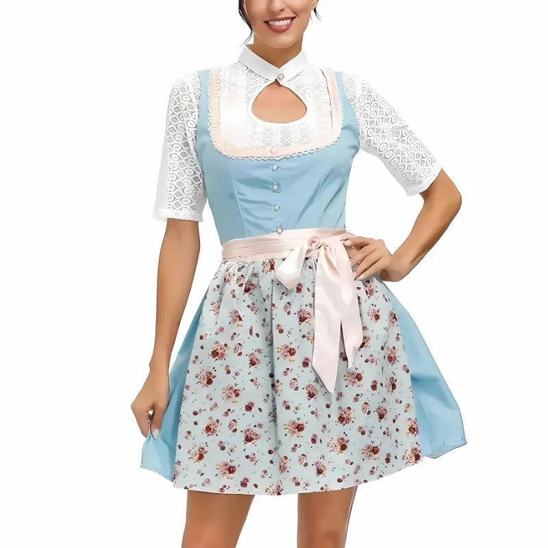 Stylish women's dirndl dress for Oktoberfest with intricate embroidery and elegant bodice appearance
