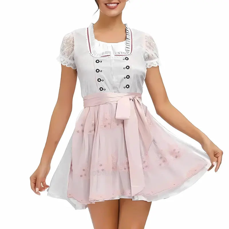 Stylish women's dirndl dress for Oktoberfest with intricate embroidery and elegant bodice appearance