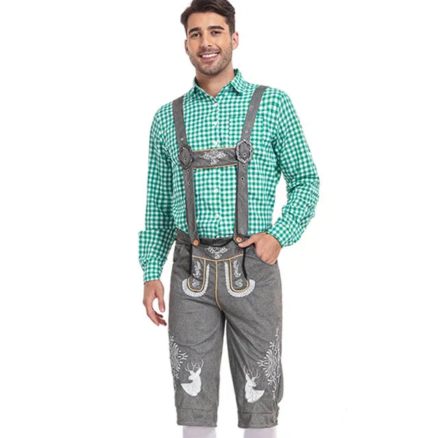 Stylish men's leather pants set with elegant embroidery and checkered shirt – perfect for special occasions