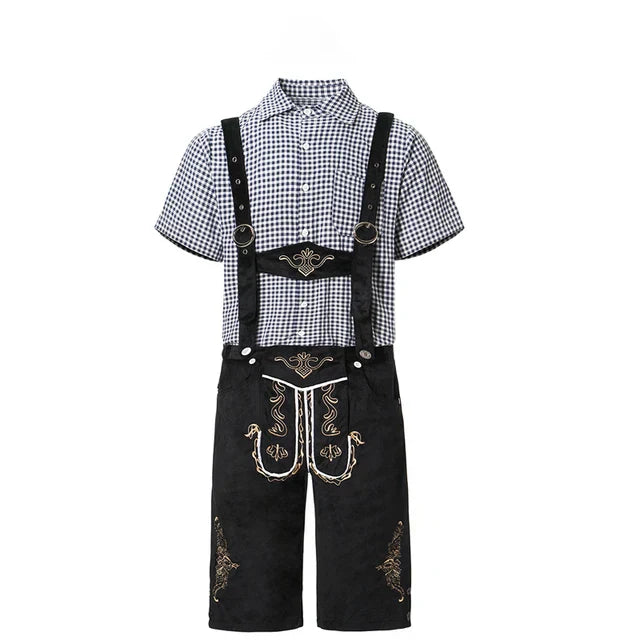 Stylish men's leather pants set with elegant embroidery and checkered shirt – perfect for special occasions