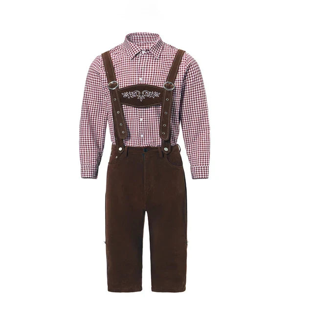 Stylish men's leather pants set with elegant embroidery and checkered shirt – perfect for special occasions