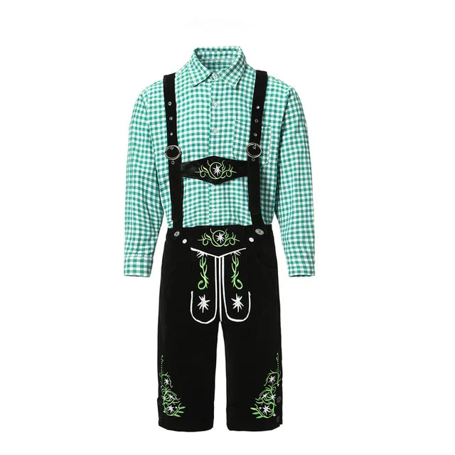 Stylish men's leather pants set with elegant embroidery and checkered shirt – perfect for special occasions