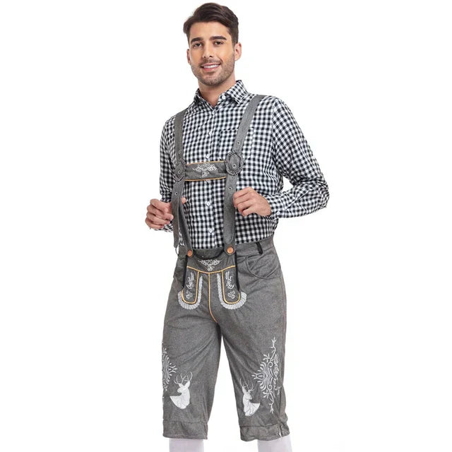 Stylish men's leather pants set with elegant embroidery and checkered shirt – perfect for special occasions