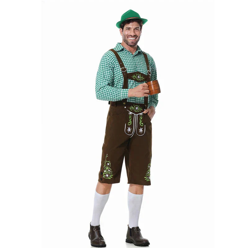 Stylish men's leather pants set with elegant embroidery and checkered shirt – perfect for special occasions