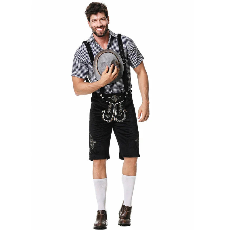 Stylish men's leather pants set with elegant embroidery and checkered shirt – perfect for special occasions