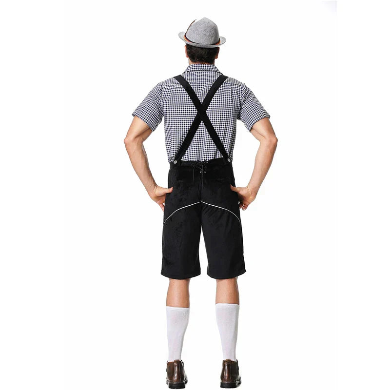 Stylish men's leather pants set with elegant embroidery and checkered shirt – perfect for special occasions