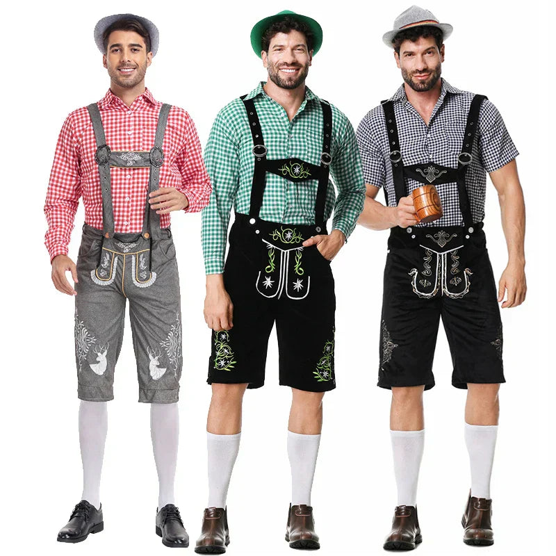 Stylish men's leather pants set with elegant embroidery and checkered shirt – perfect for special occasions