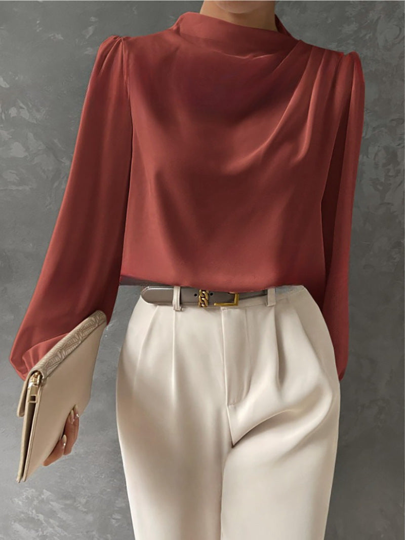 Women Draped Pleated Top with V-Neck and Cuffed Sleeves