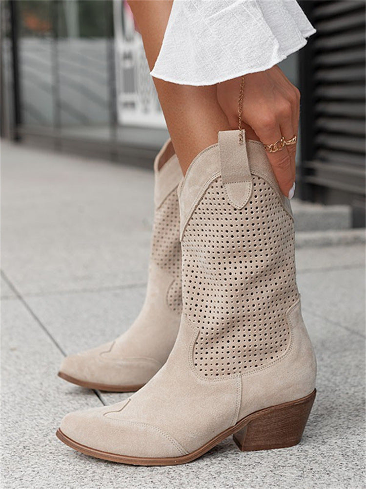 Women's Perforated Western Ankle Boots with Block Heel