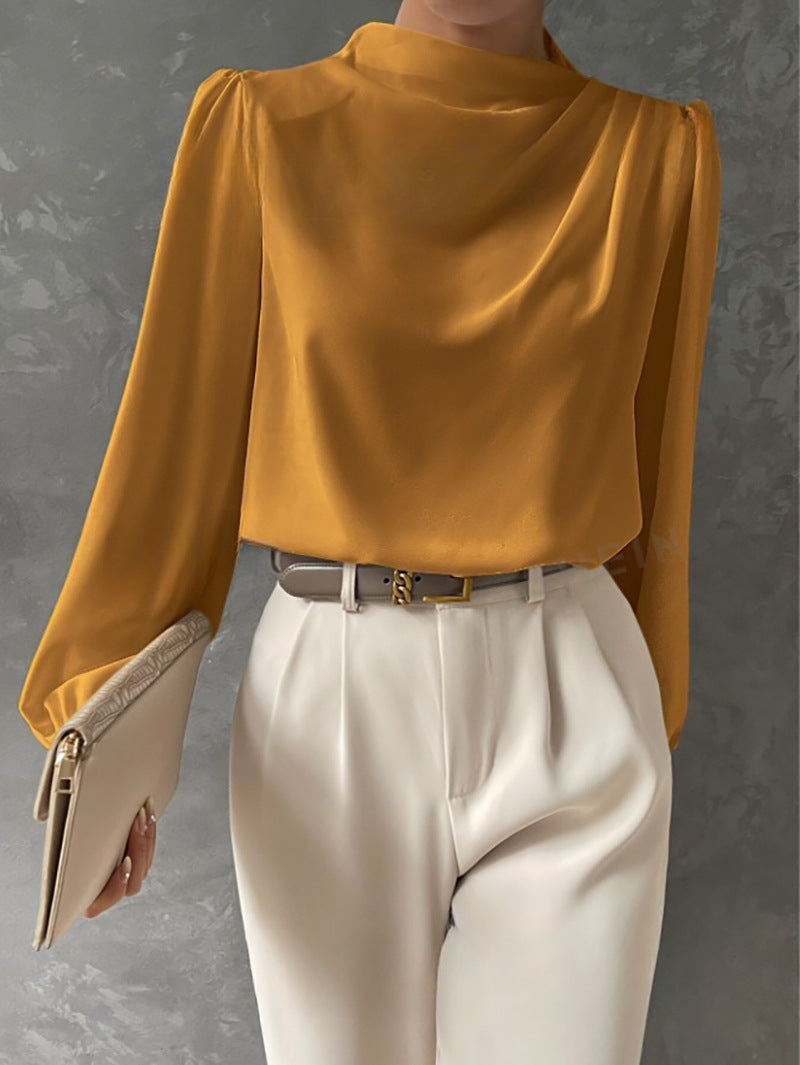 Women Draped Pleated Top with V-Neck and Cuffed Sleeves