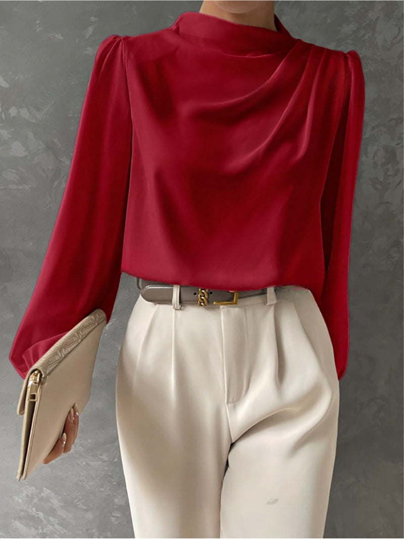 Women Draped Pleated Top with V-Neck and Cuffed Sleeves