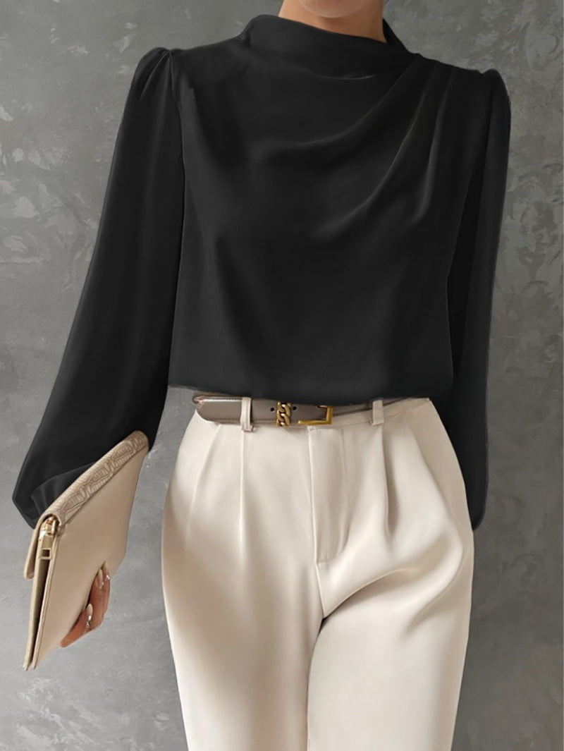 Women Draped Pleated Top with V-Neck and Cuffed Sleeves