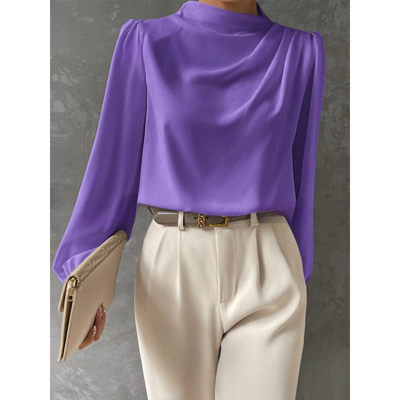 Women Draped Pleated Top with V-Neck and Cuffed Sleeves