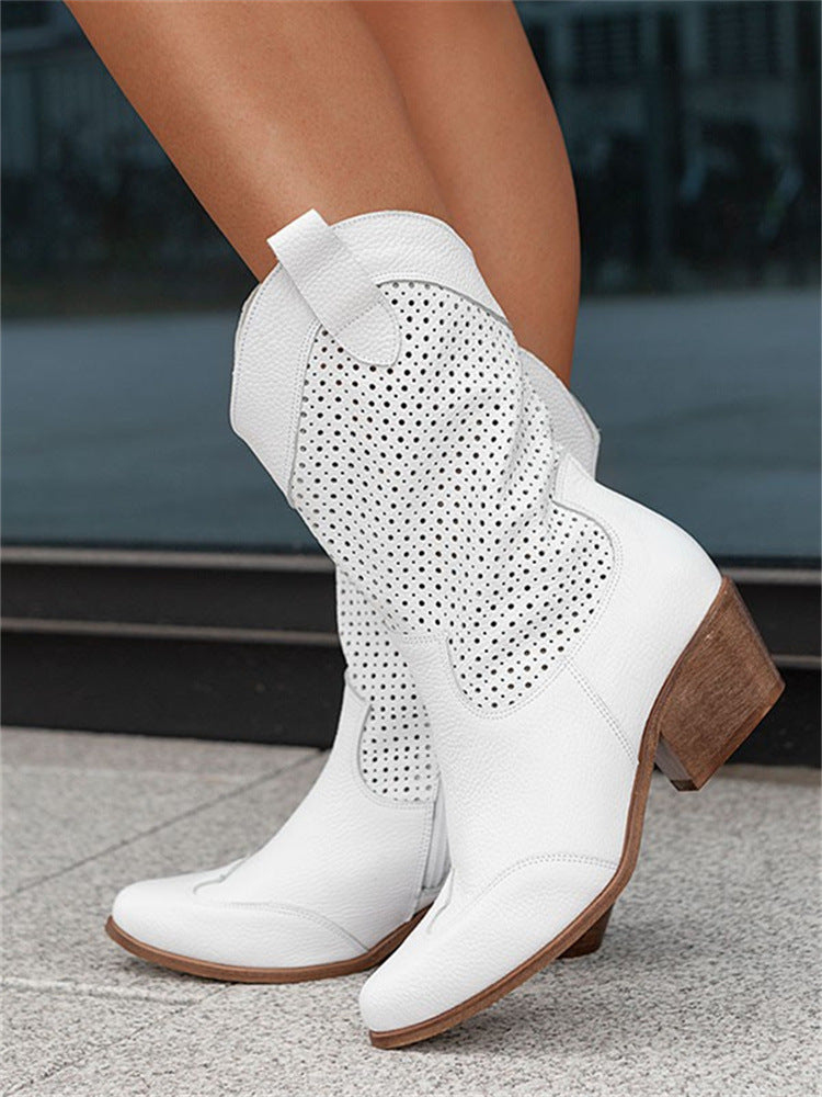 Women's Perforated Western Ankle Boots with Block Heel