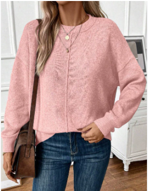 Women Sweater Relaxed Fit Ribbed Cuffs Crew Neck Long Sleeve