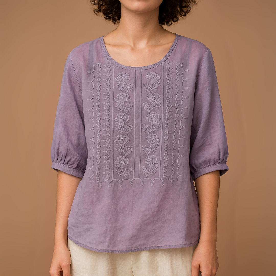 Women's Linen Shirt with Knitted Floral Detailing and Flowy Fit
