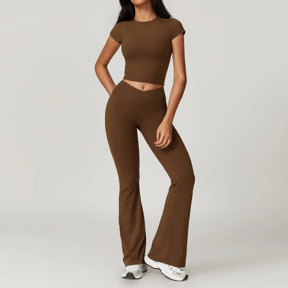 Women's Cutout Crop Top and High-Waisted Flare Pants Activewear Set
