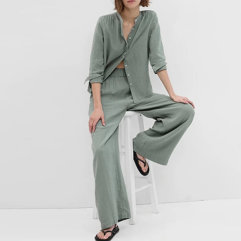 Women's Long Sleeve Shirt and Wide-Leg Pants Lounge Set