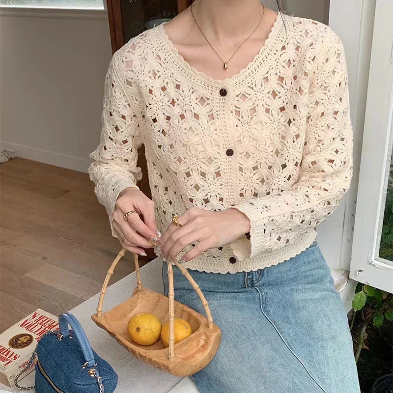 Women Cropped Eyelet Knit Cardigan with Button Front