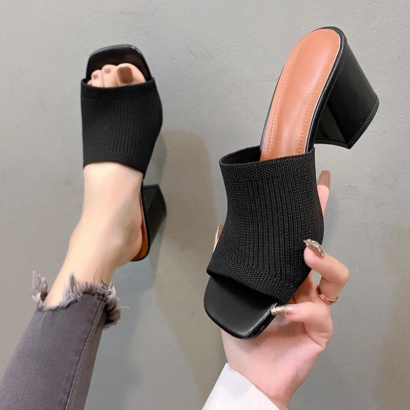 Women's Open-Toe Knit Heels with 3-Inch Block Heel