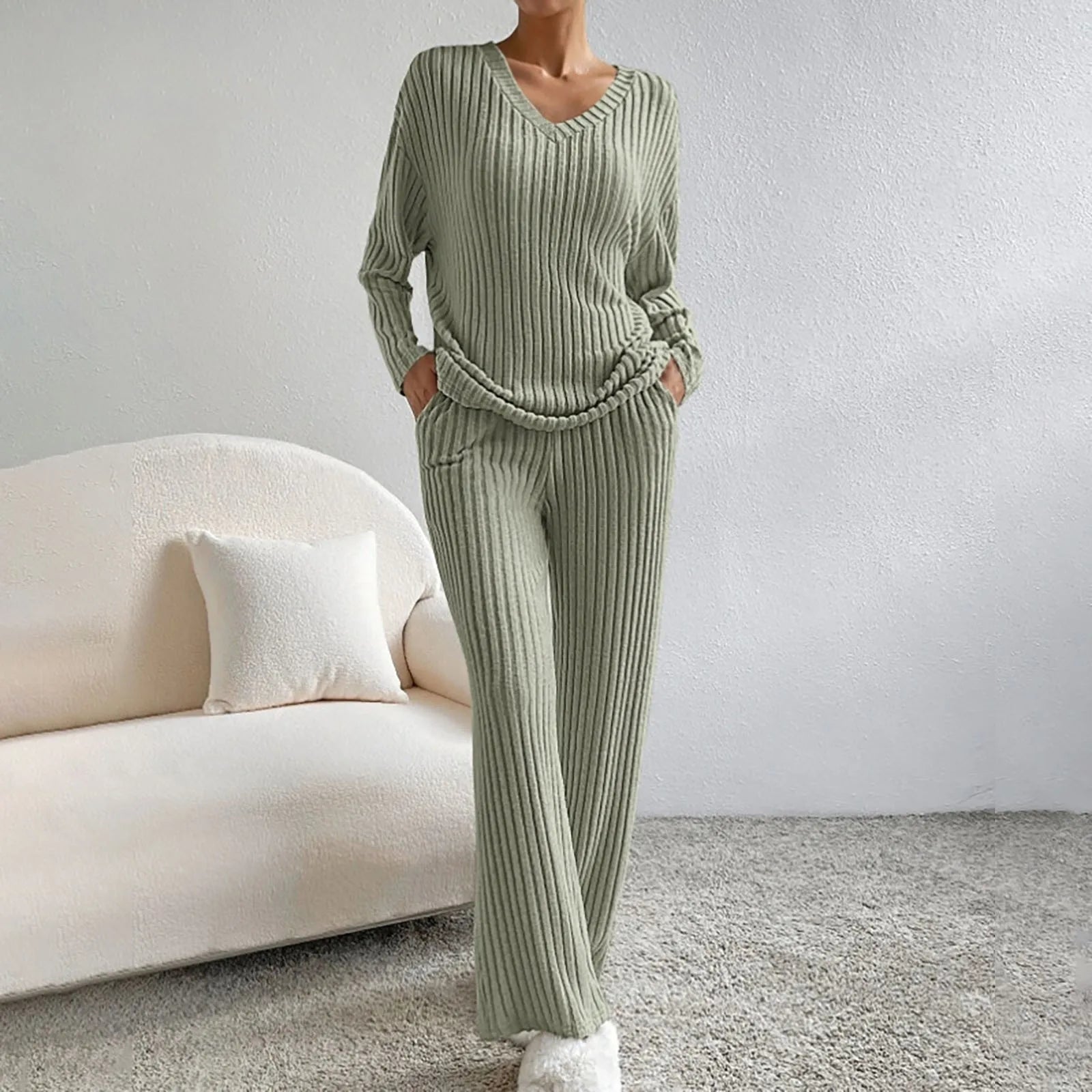 Women's Ribbed V-Neck Sweater and Pants Lounge Set