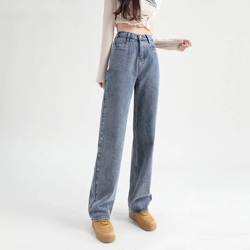 Women High-Rise Wide-Leg Jeans with Straight Silhouette and Lightweight Stretch Denim