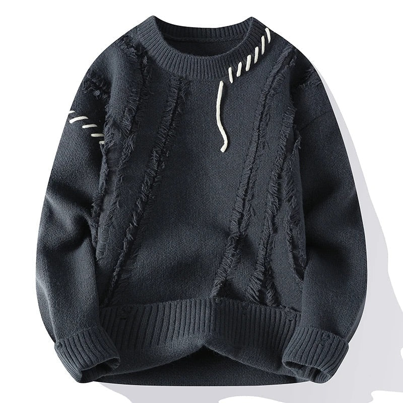 Men's Knitted Sweater with Italian Frayed Detail and Double-Stitched Seams