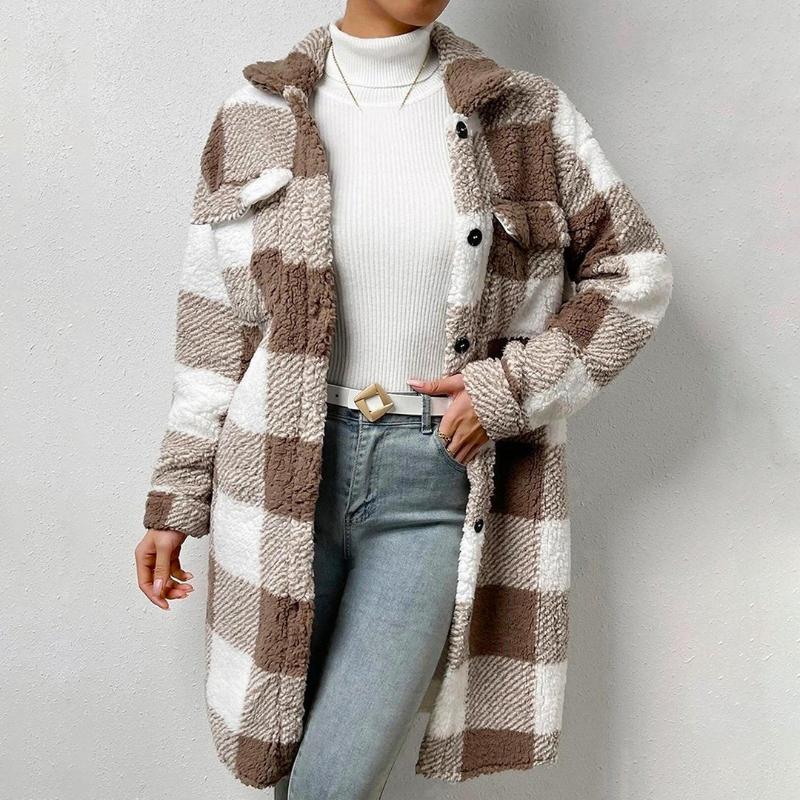 Women's Winter Plaid Coat with A-Line Silhouette and Draped Collar
