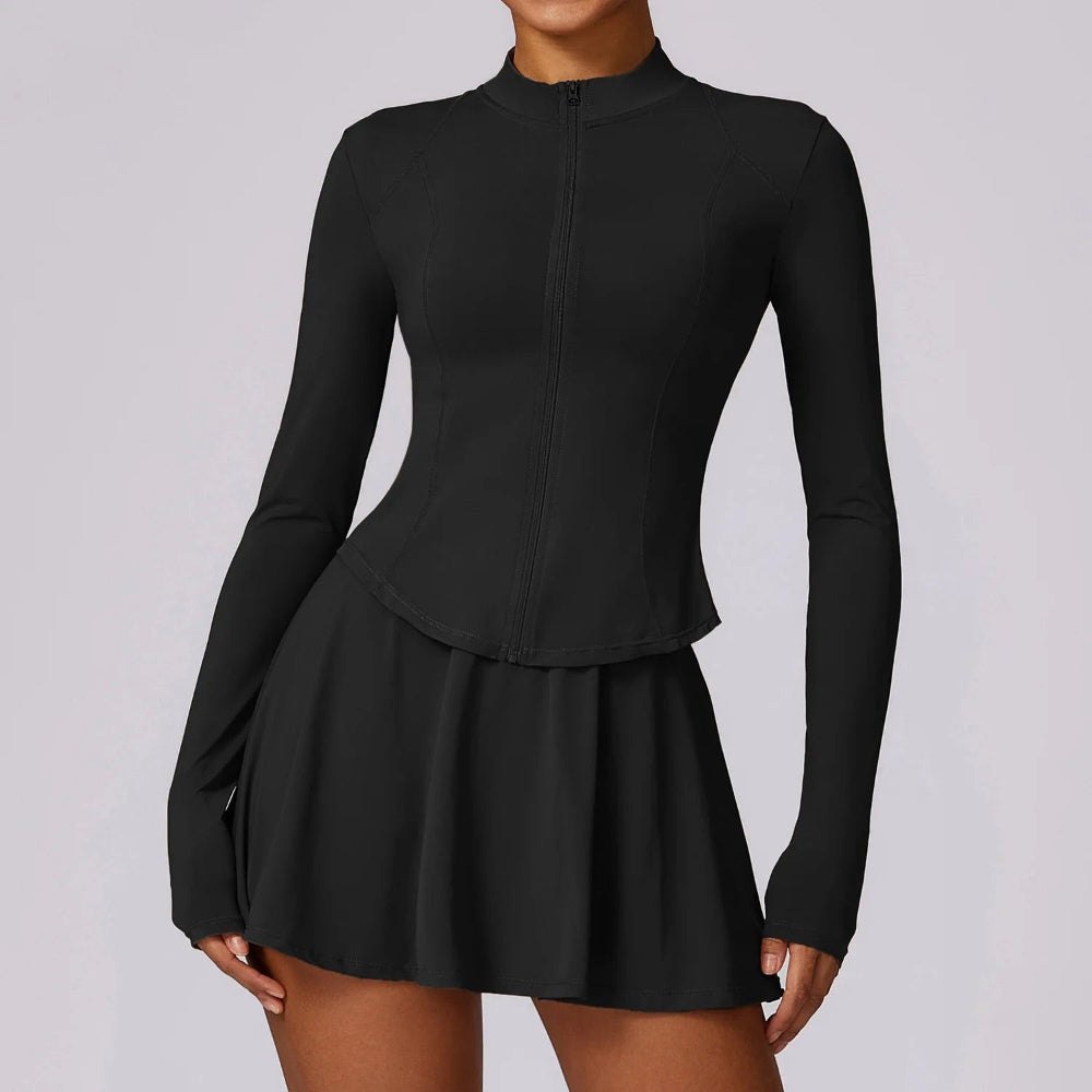 Women's 4-Way Stretch Active Set with Zippered Jacket and Flowy Skirt