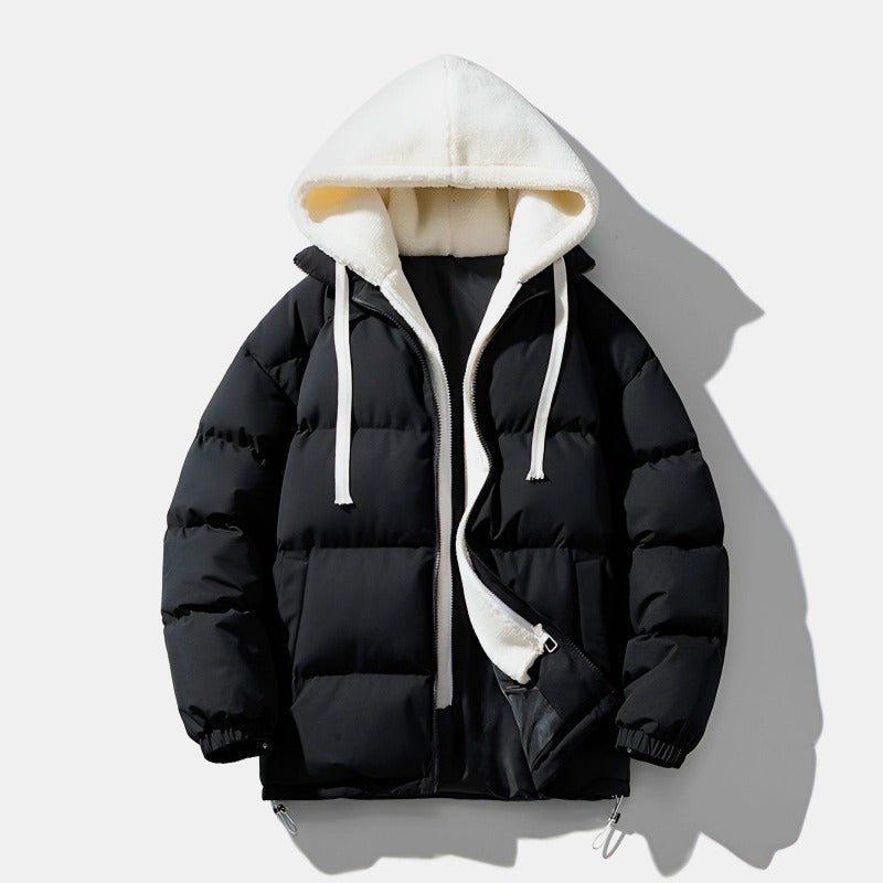 Men's Winter Puffer Hooded Jacket with Double Zipper and Hidden Pockets