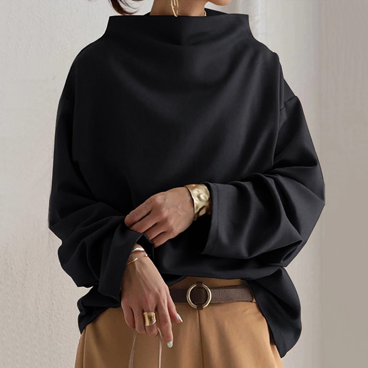 Women High-Neck Long-Sleeve Soft Knit Top