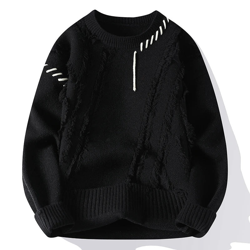 Men's Knitted Sweater with Italian Frayed Detail and Double-Stitched Seams