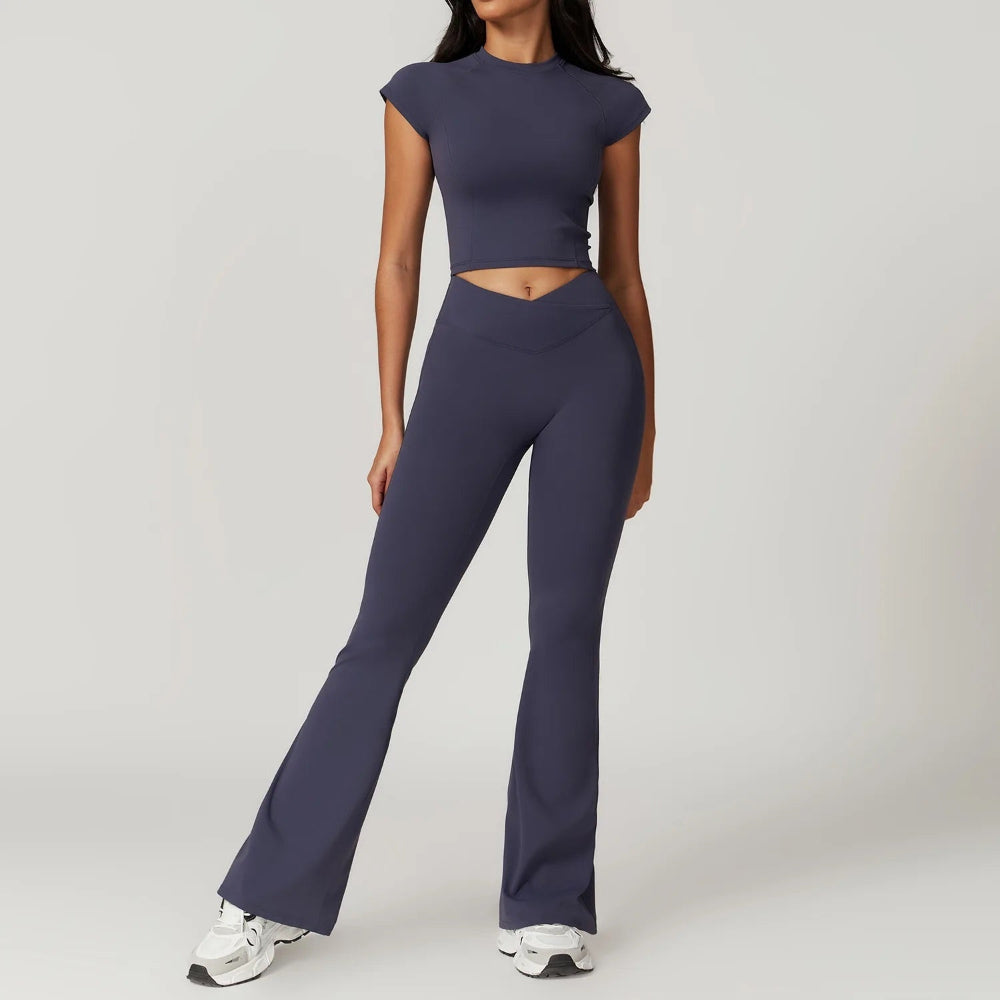 Women's Cutout Crop Top and High-Waisted Flare Pants Activewear Set