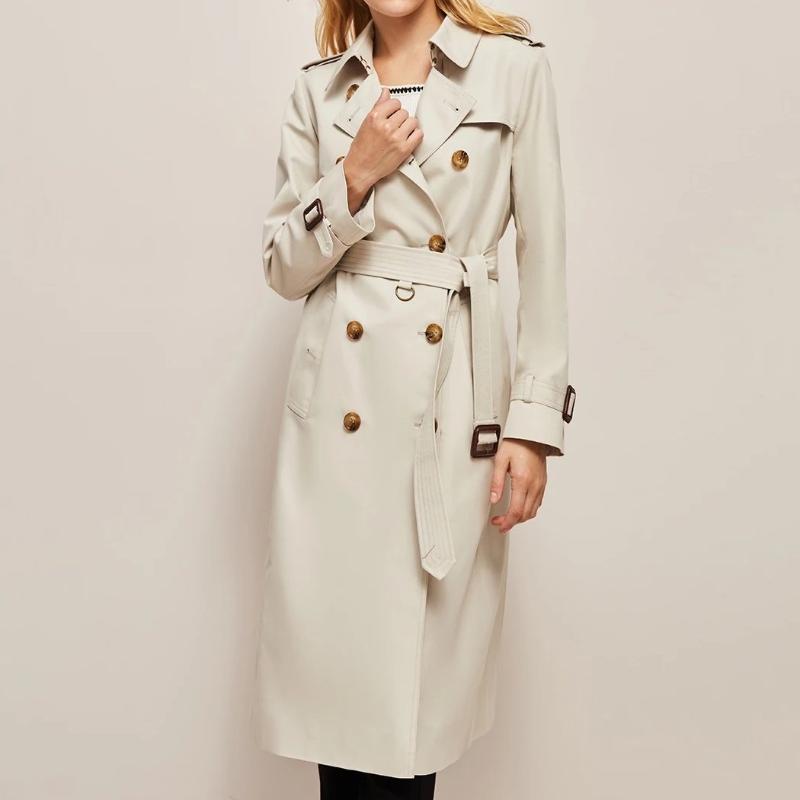Women's Fall Trench Coat with Adjustable Belt and Walnut Buttons