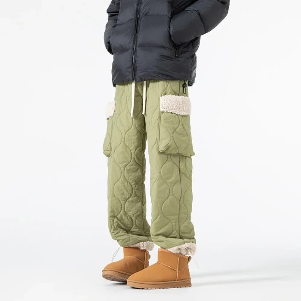 Women's Winter Quilted Insulated Cargo Pants with Sherpa-Lined Pockets