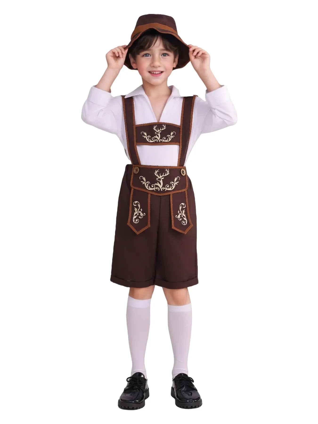 Authentic Boys' Bavarian Costume Set with Lederhosen, Hat, Shirt, and Socks – Ideal for an Unforgettable Oktoberfest Experience