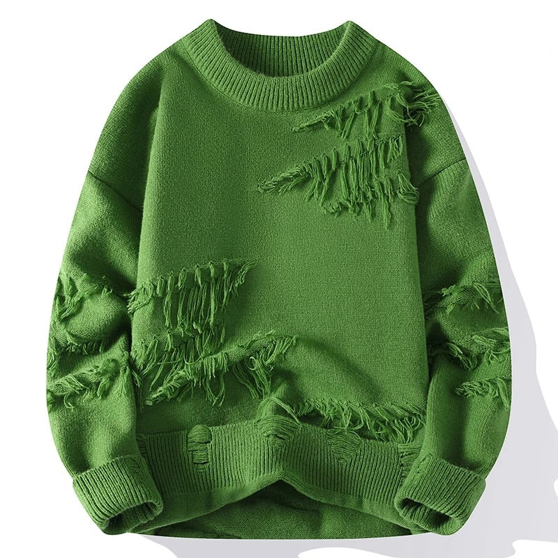 Men Knitted Sweater with Frayed Detailing and Colorblock Pattern