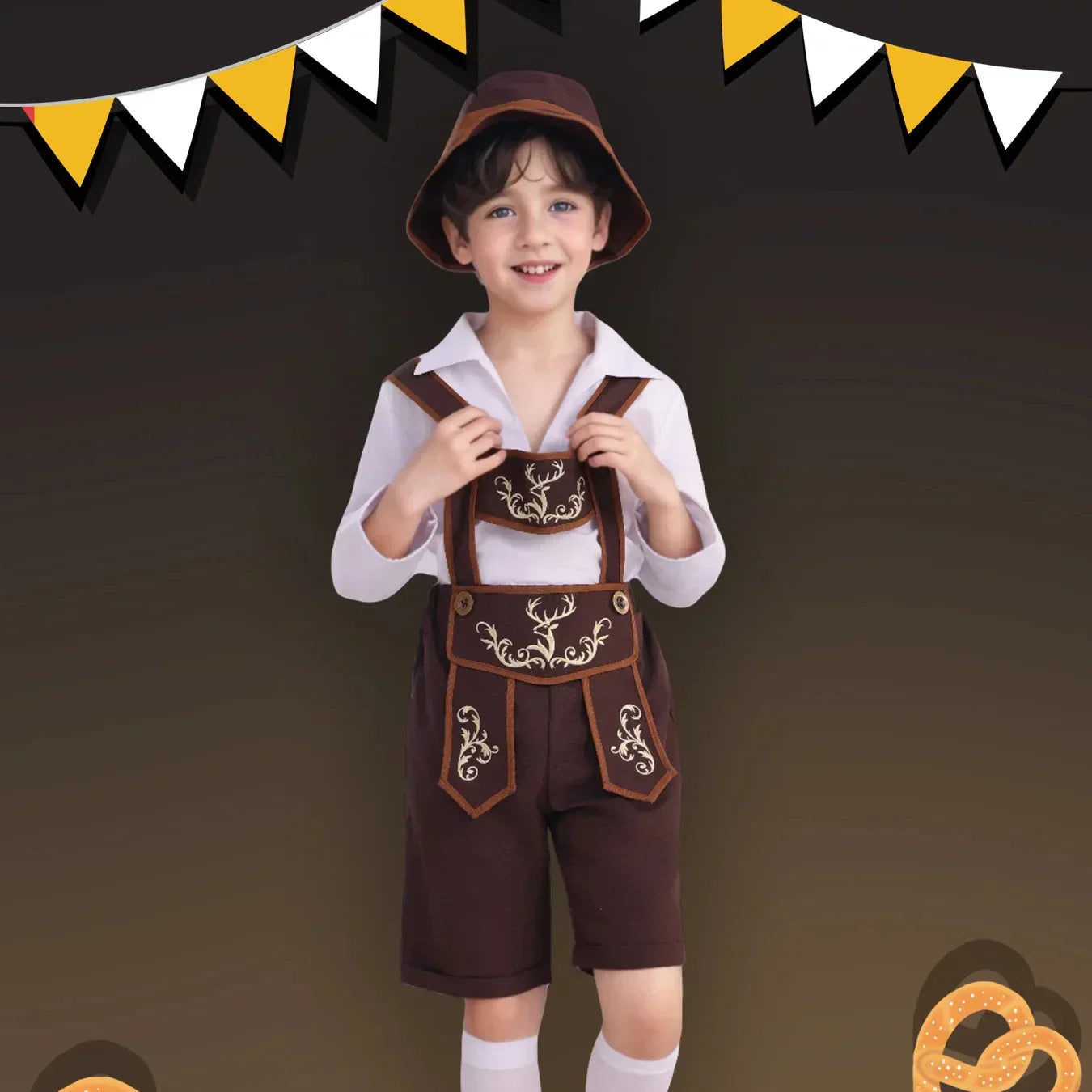 Authentic Boys' Bavarian Costume Set with Lederhosen, Hat, Shirt, and Socks – Ideal for an Unforgettable Oktoberfest Experience