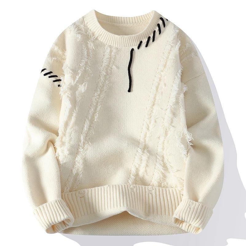Men's Knitted Sweater with Italian Frayed Detail and Double-Stitched Seams