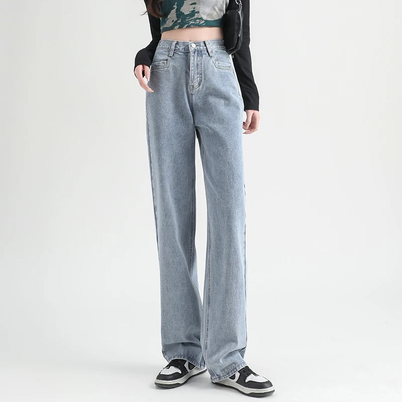 Women High-Rise Wide-Leg Jeans with Straight Silhouette and Lightweight Stretch Denim